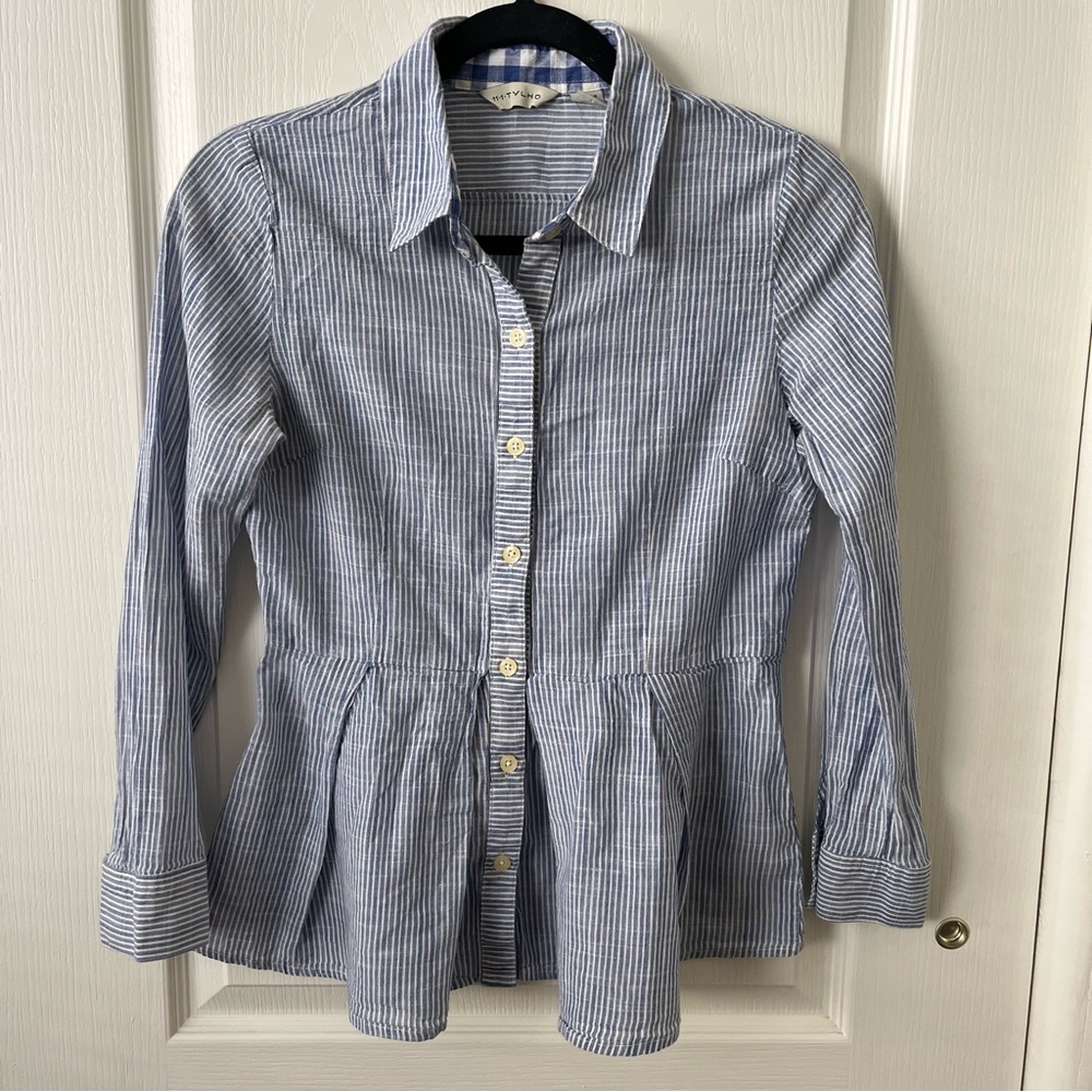 11-1-Tylho Anthropologie Blue and White Striped Button Up Peplum Long Sleeve